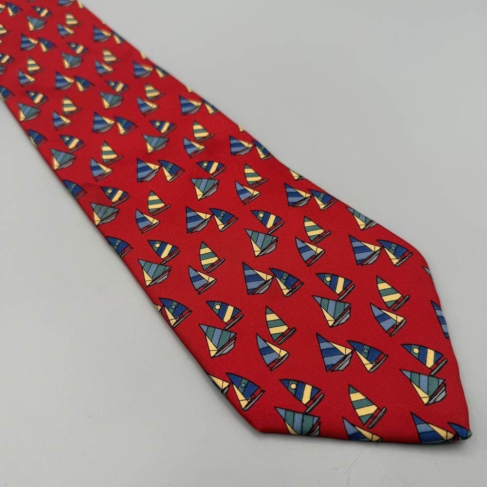 Vintage 90s GAP Novelty 100% Silk Tie Necktie Sailboats Boats Nautical Red